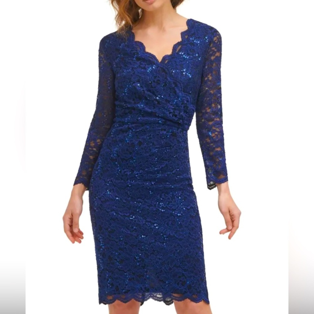JESSICA HOWARD Women’s Formal Dress Size 8, 12 Navy Sequins Long Sleeve Sheath